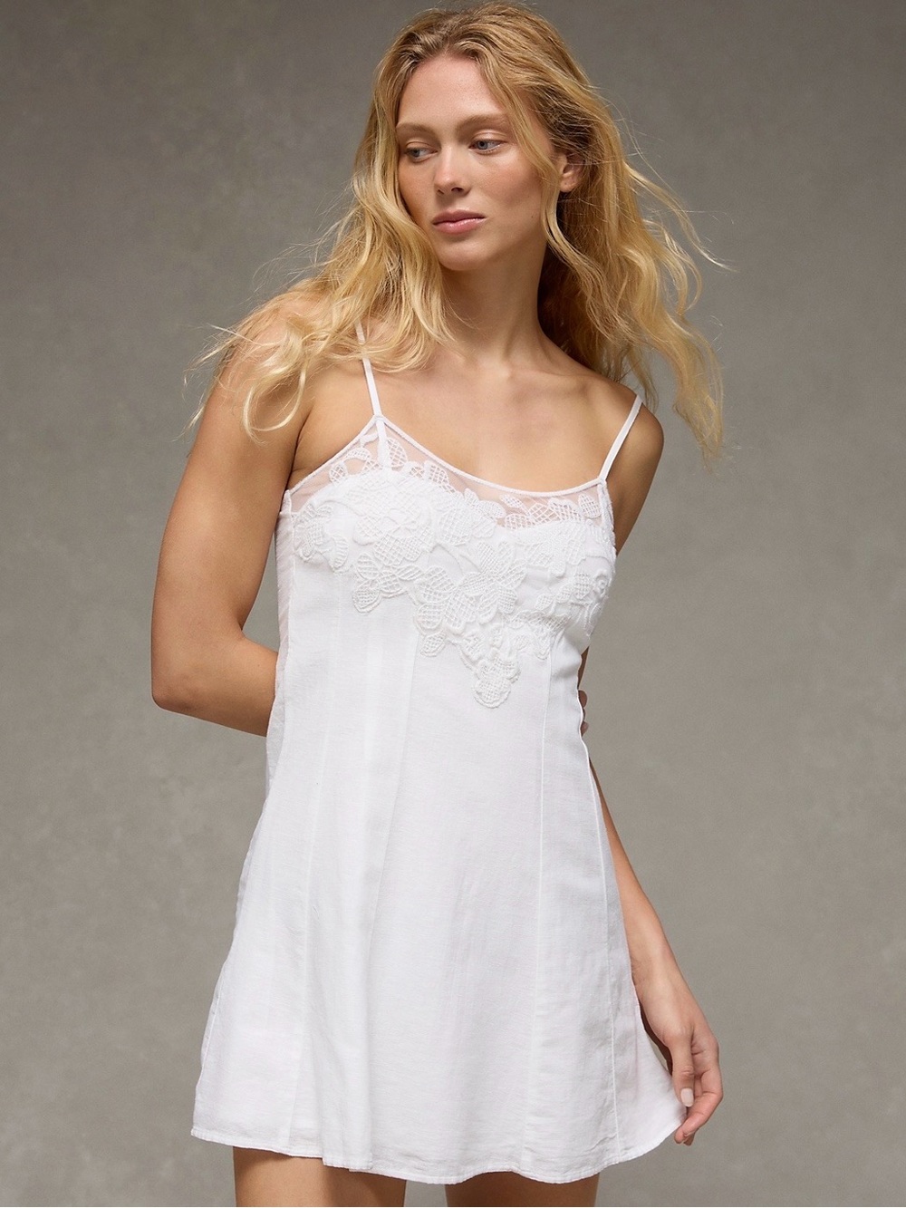 American Eagle AE Lace Trim Mini Dress, White, XL